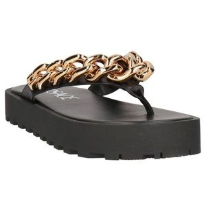 VERSACE Gold Chain Link Black Leather Flip Flops Platform Sandals EU 40 US 10